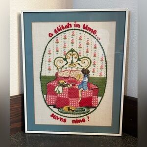 Vintage Cross Stitch Needlepoint A Stitch In Time Saves Nine Wall Hanging